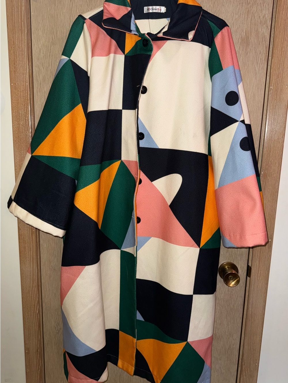 Obakki Geometric Panel Trench Coat in Cream, Black, Green & Pink